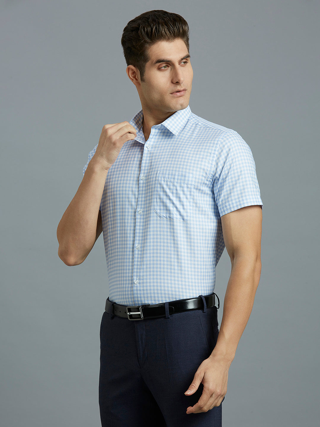 White & Blue Checks 100% Cotton Regular Fit Formal Half Sleeve Shirt