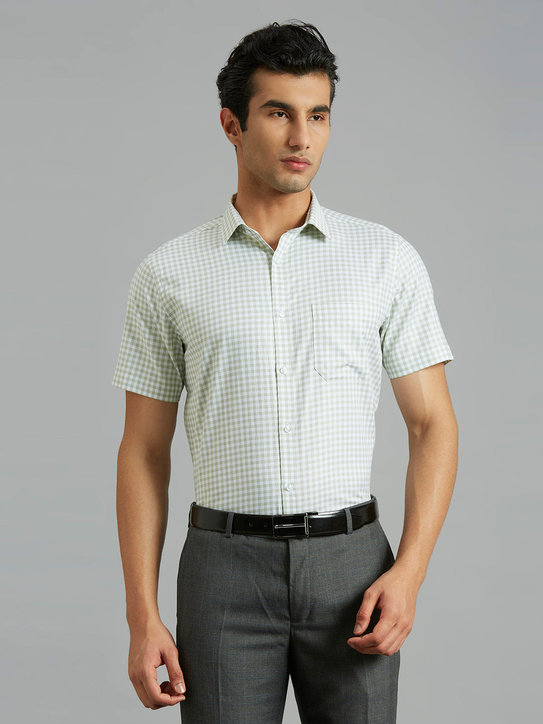 White & Green Checks 100% Cotton Regular Fit Formal Half Sleeve Shirt