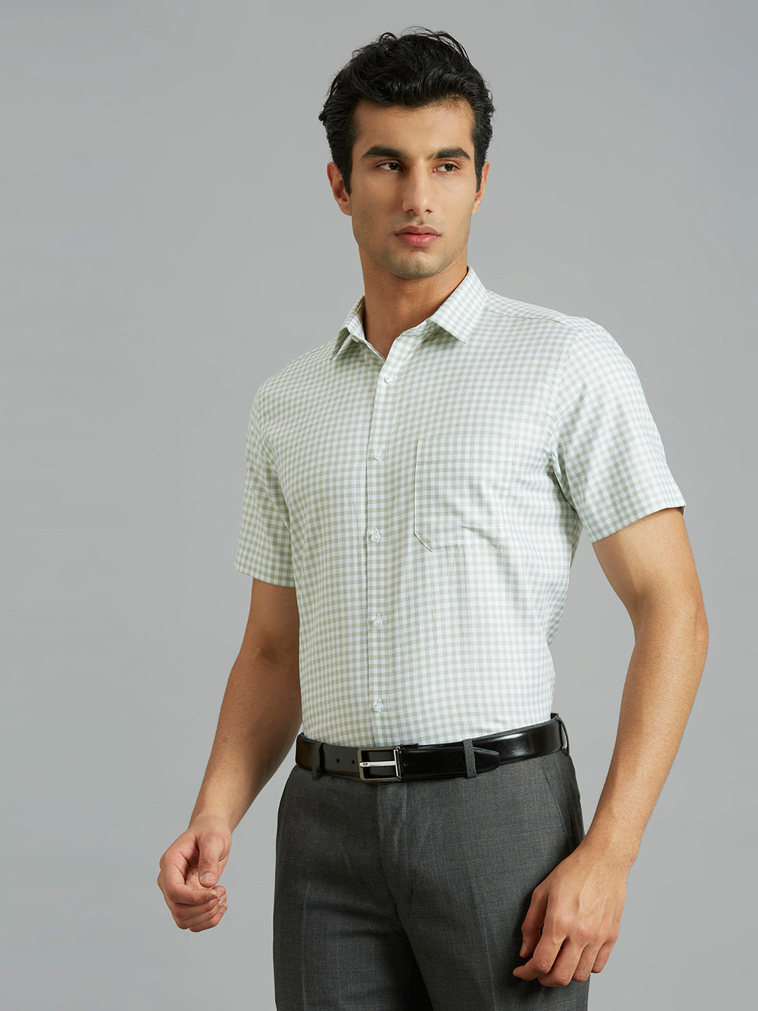 White & Green Checks 100% Cotton Regular Fit Formal Half Sleeve Shirt