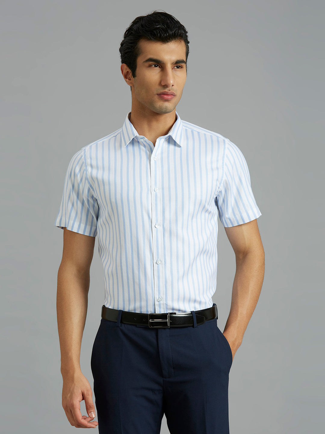 White & Blue Stripe 100% Cotton Slim Fit Formal Half Sleeve Shirt