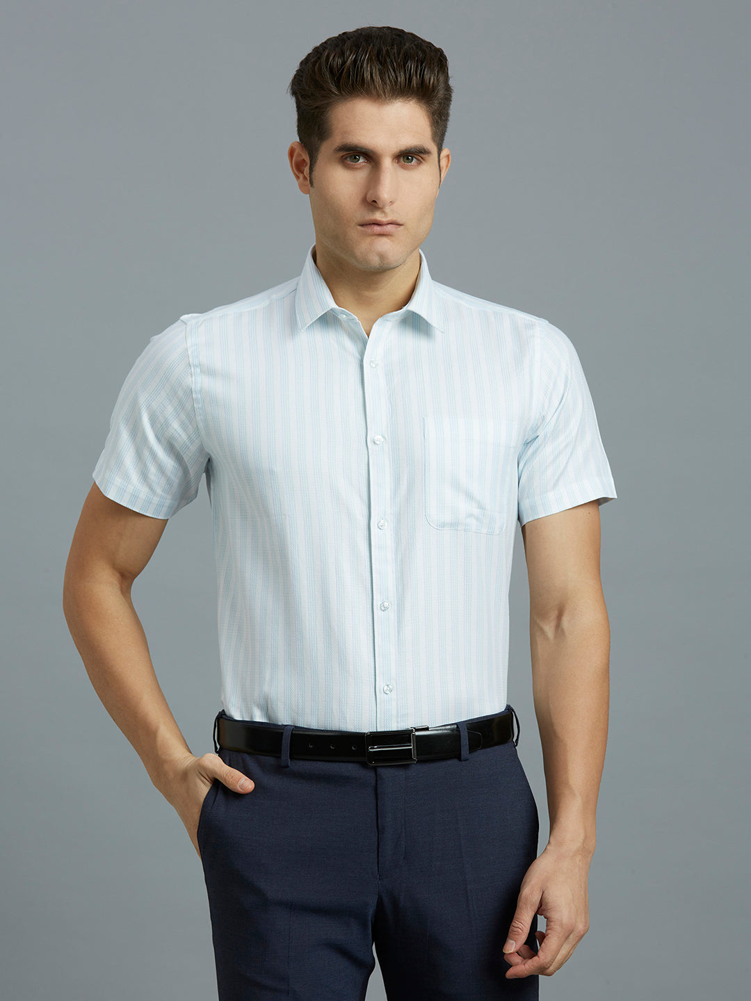 White & Sky Stripe 100% Cotton Regular Fit Formal Half Sleeve Shirt