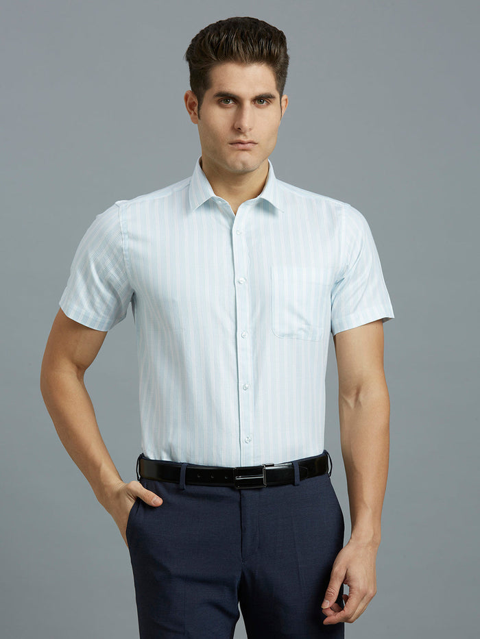 Men's Pure Cotton Stripe Stripe Regular Fit Half Sleeve Formal Shirt - White & Blue