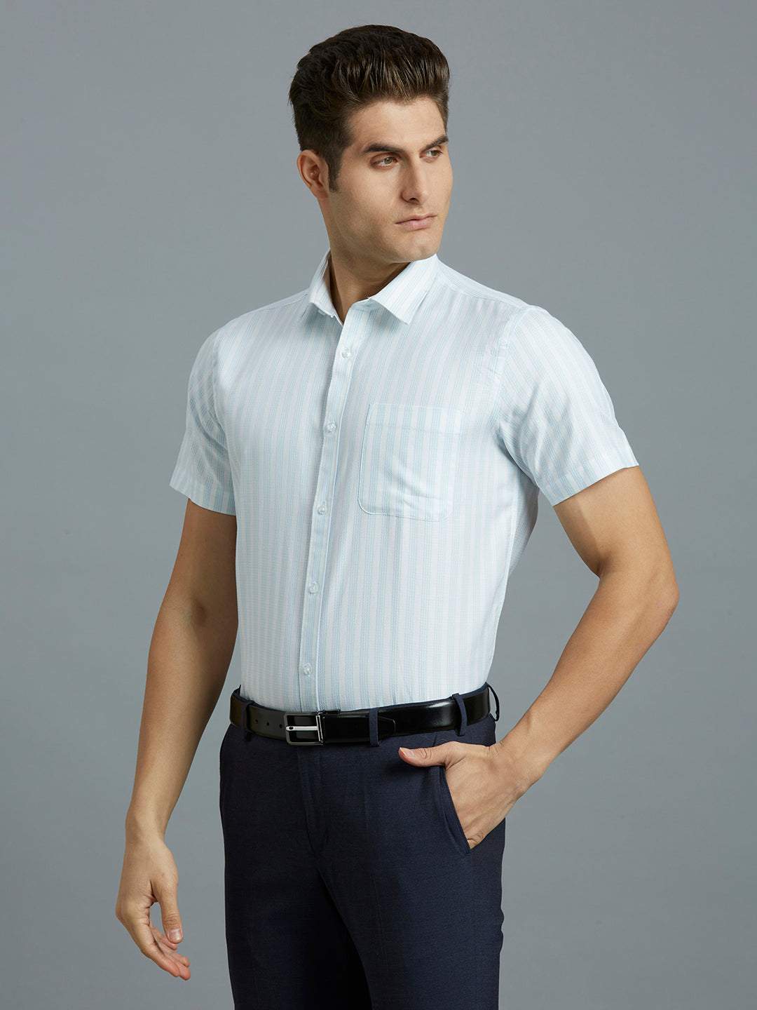 White & Sky Stripe 100% Cotton Regular Fit Formal Half Sleeve Shirt