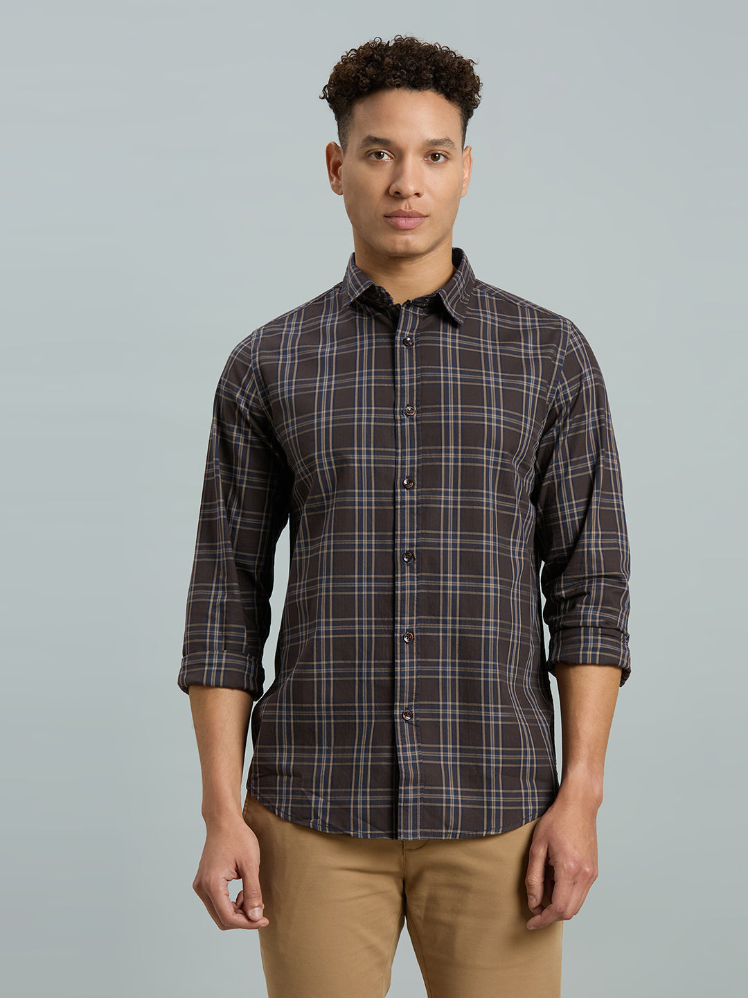 Brown & Beige Checks 100% Cotton Slim Fit Casual Full Sleeve Shirt