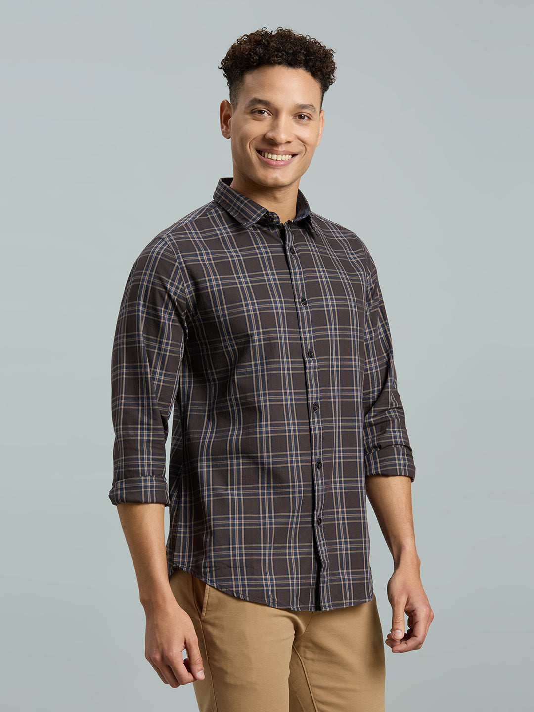 Brown & Beige Checks 100% Cotton Slim Fit Casual Full Sleeve Shirt