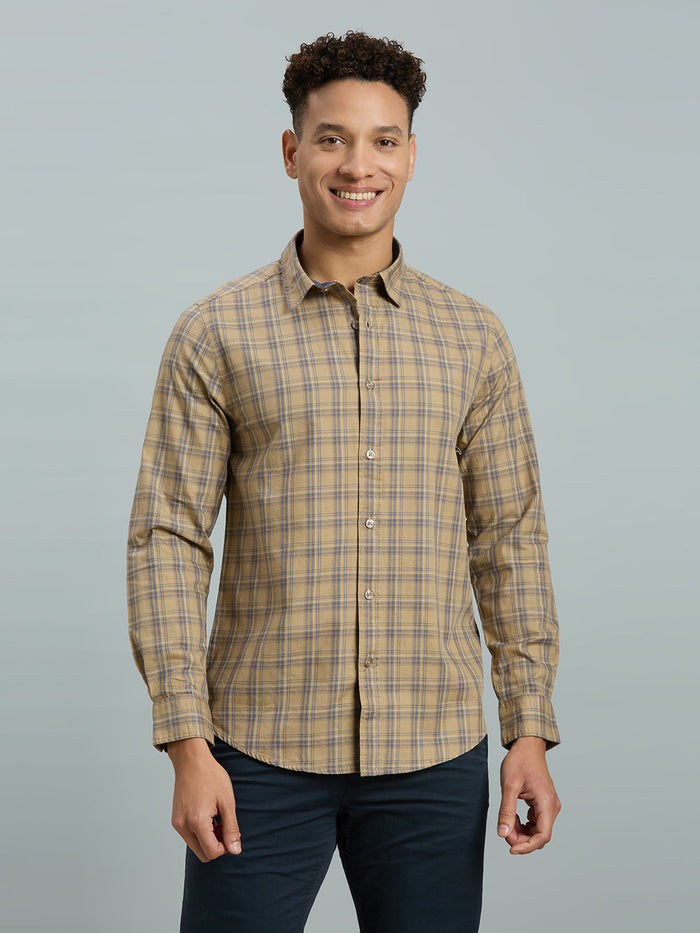 Men's Pure Cotton Checks Slim Fit Full Sleeve Casual Shirt - Brown & Blue