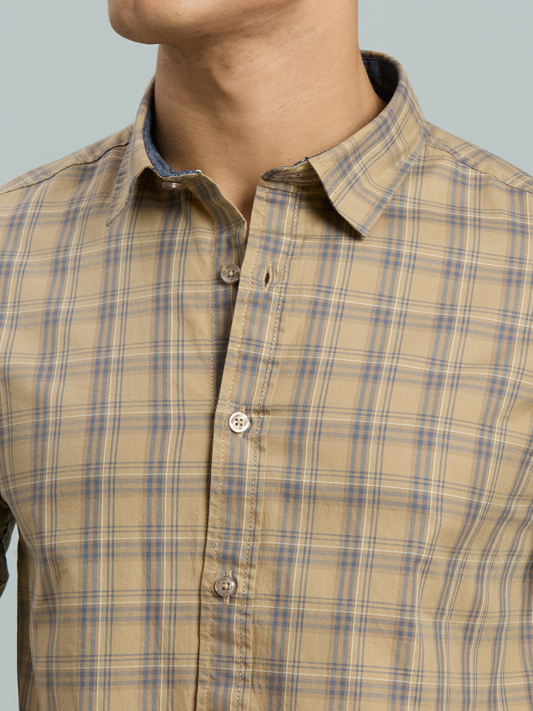 Khakhi & Navy Checks 100% Cotton Slim Fit Casual Full Sleeve Shirt