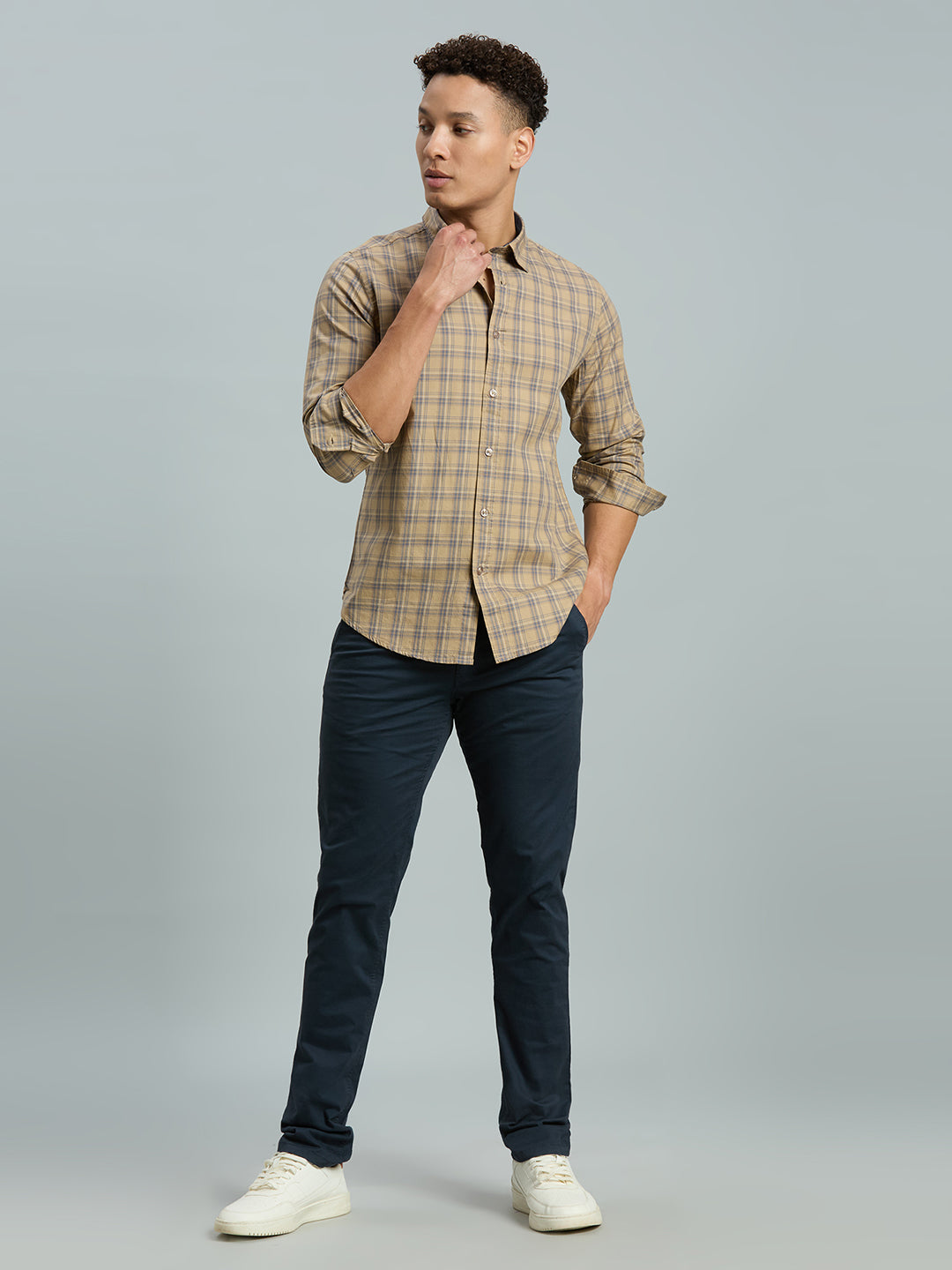 Khakhi & Navy Checks 100% Cotton Slim Fit Casual Full Sleeve Shirt