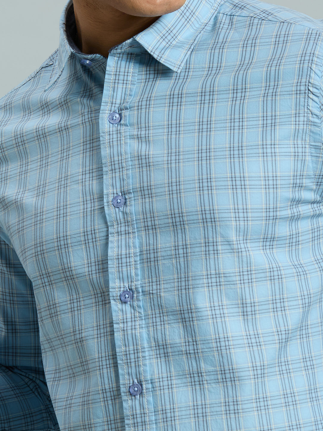 Light Blue & Black Checks 100% Cotton Slim Fit Casual Full Sleeve Shirt