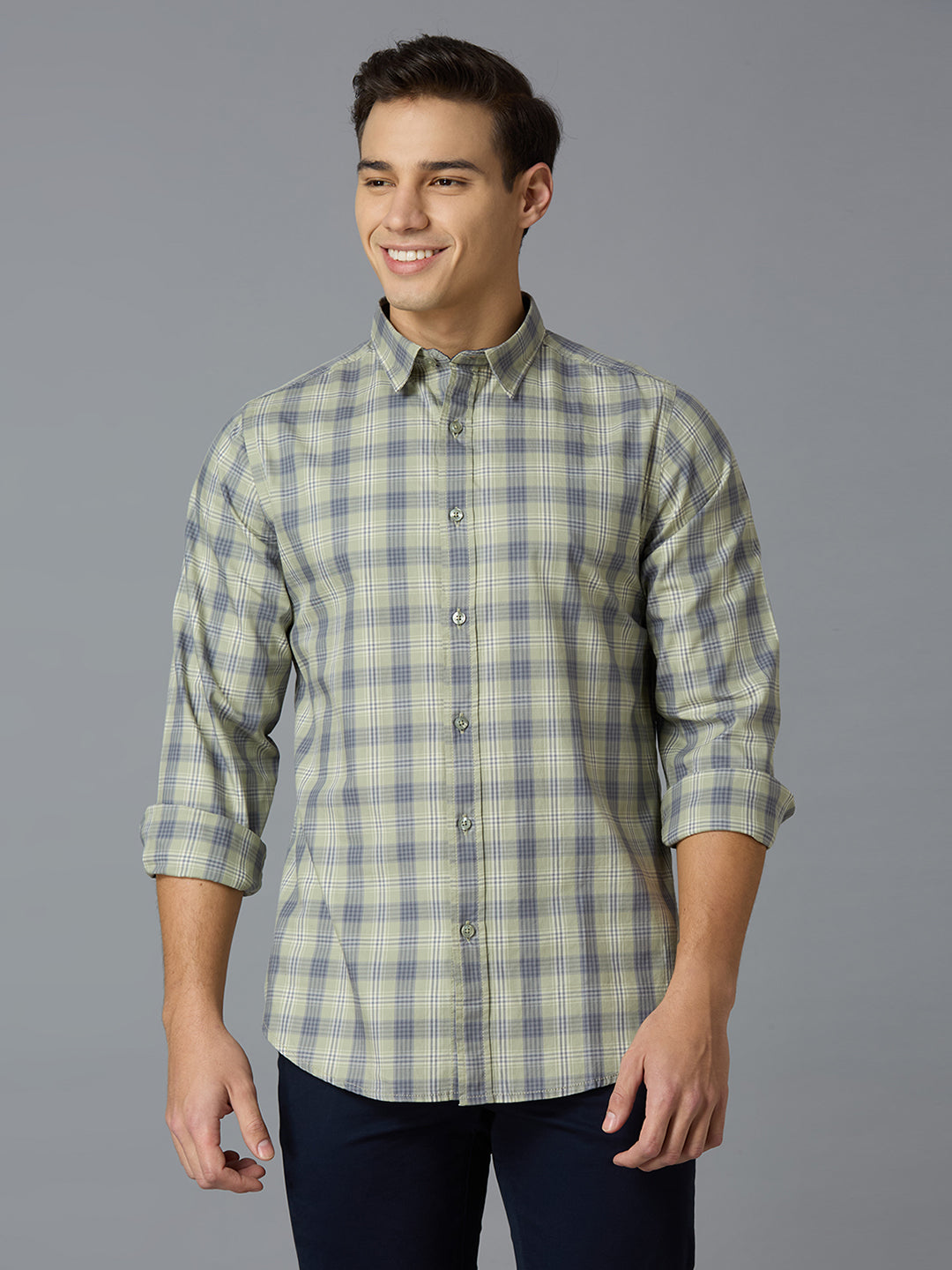 Sea Grass & Blue Checks 100% Cotton Slim Fit Casual Full Sleeve Shirts