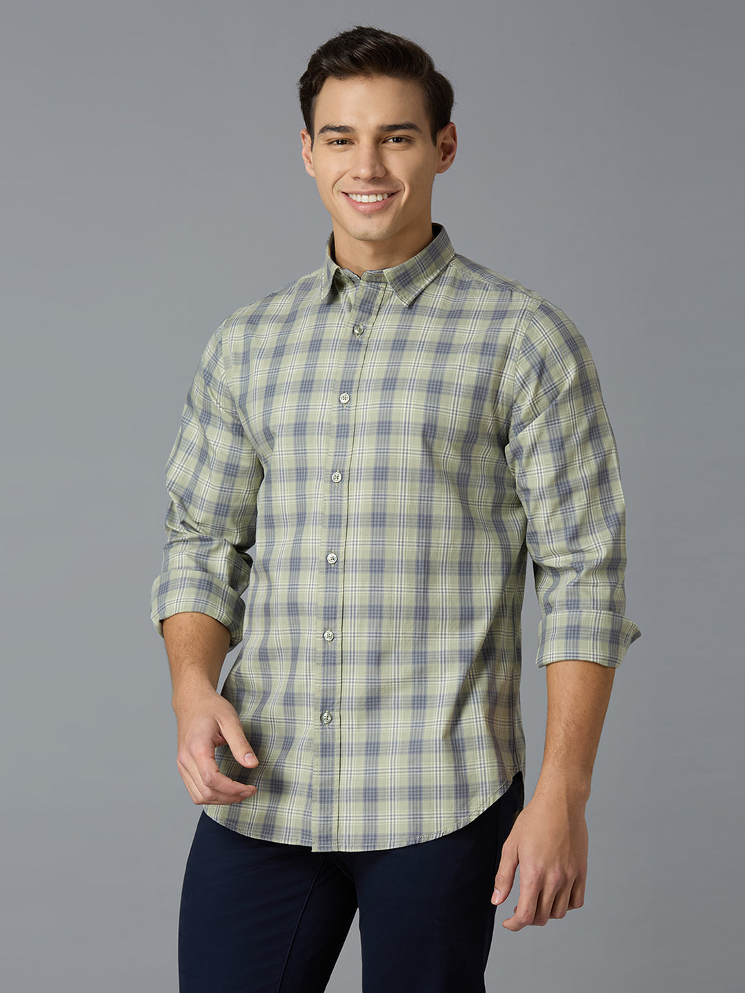 Sea Grass & Blue Checks 100% Cotton Slim Fit Casual Full Sleeve Shirts