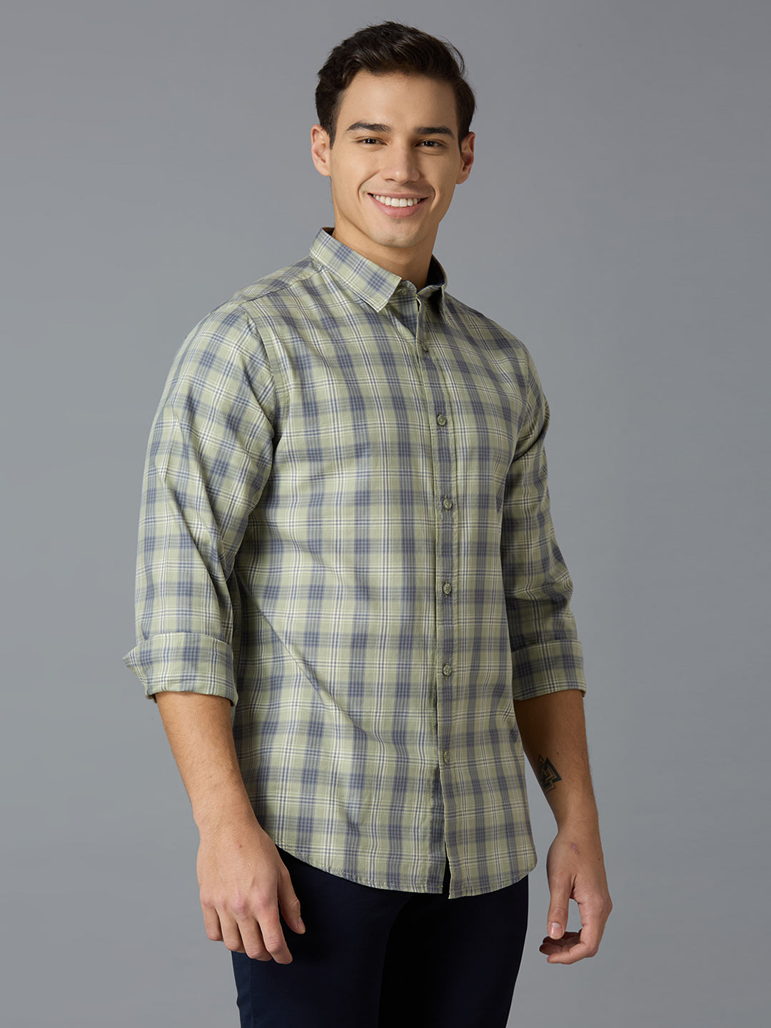 Sea Grass & Blue Checks 100% Cotton Slim Fit Casual Full Sleeve Shirts