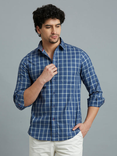 Dusty Blue & White Checks 100% Cotton Slim Fit Casual Full Sleeve Shirt