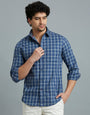 Dusty Blue & White Checks 100% Cotton Slim Fit Casual Full Sleeve Shirt