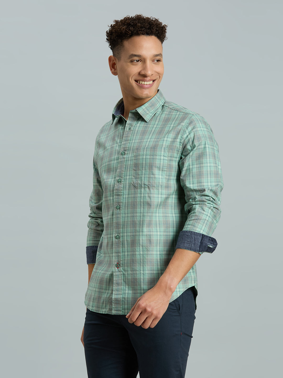 Grey & Sage Green Checks 100% Cotton Slim Fit Casual Full Sleeve Shirts