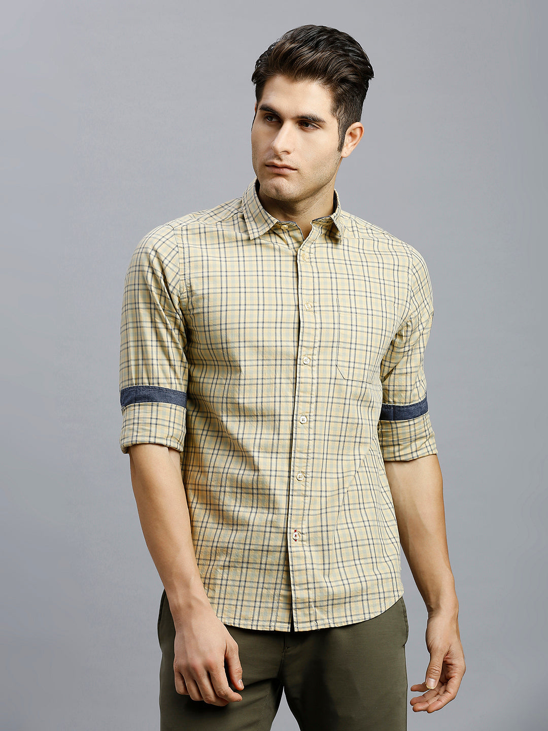 Pale Yellow & Blue Checks 100% Cotton Slim Fit Casual Full Sleeve Shirts