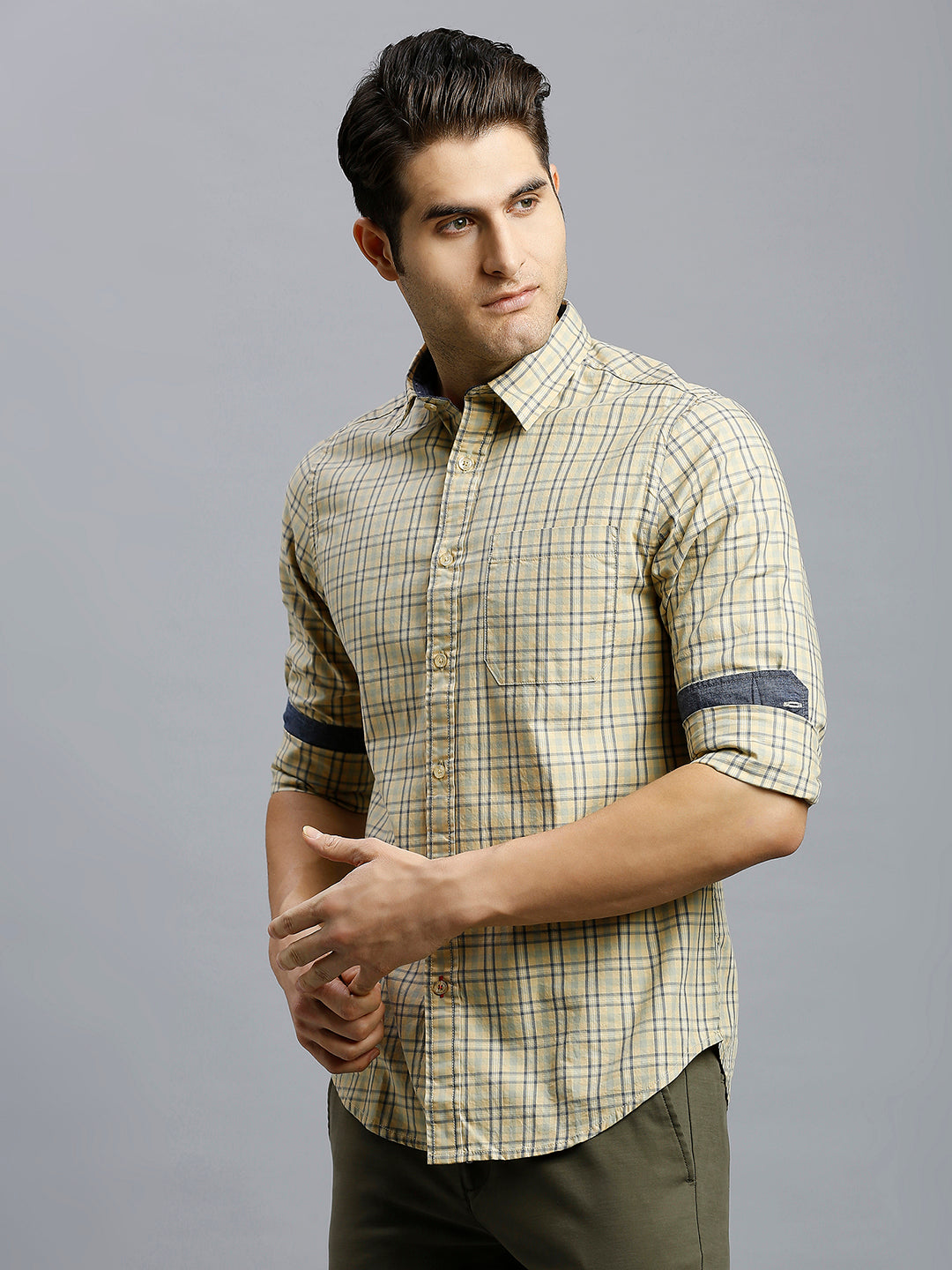 Pale Yellow & Blue Checks 100% Cotton Slim Fit Casual Full Sleeve Shirts