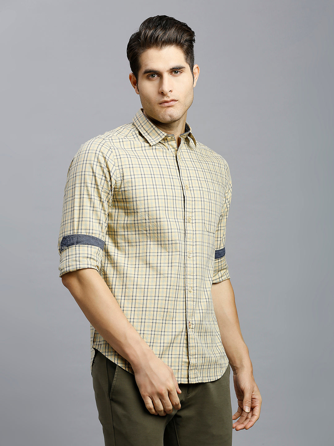 Pale Yellow & Blue Checks 100% Cotton Slim Fit Casual Full Sleeve Shirts