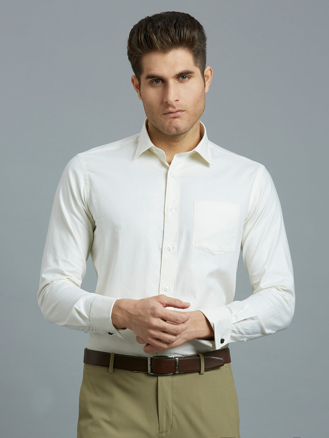 Cream Dobby Y/D 100% Cotton Regular Fit Formal Full Sleeve Shirt