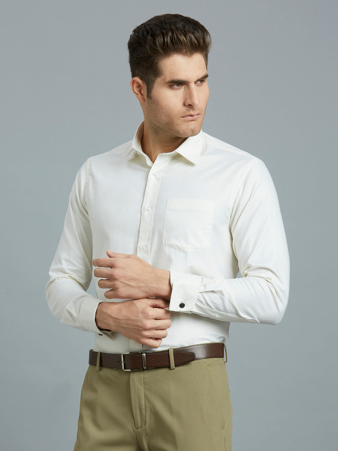 Cream Dobby Y/D 100% Cotton Regular Fit Formal Full Sleeve Shirt