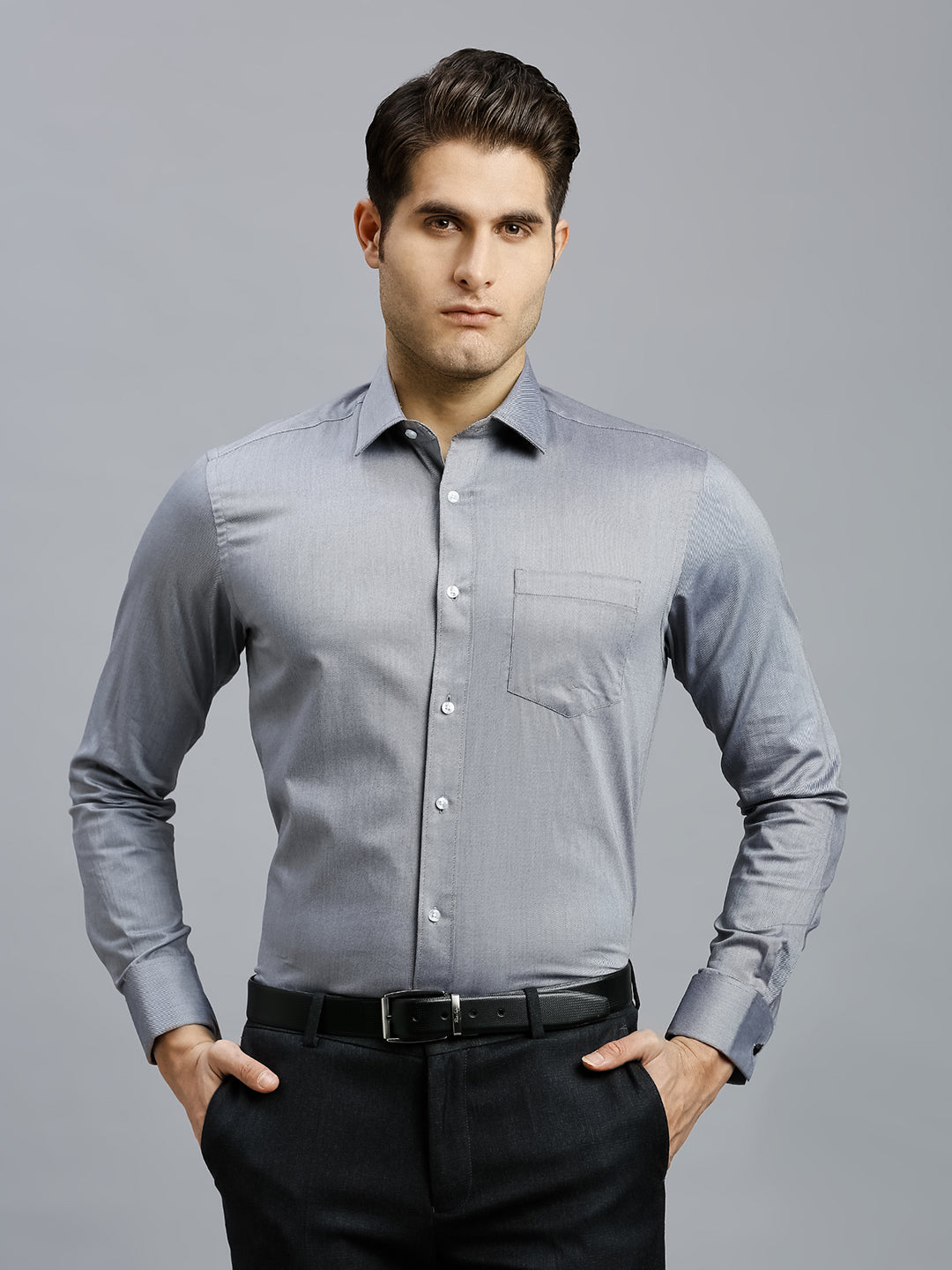 Grey Dobby Y/D 100% Cotton Regular Fit Formal Full Sleeve Shirts