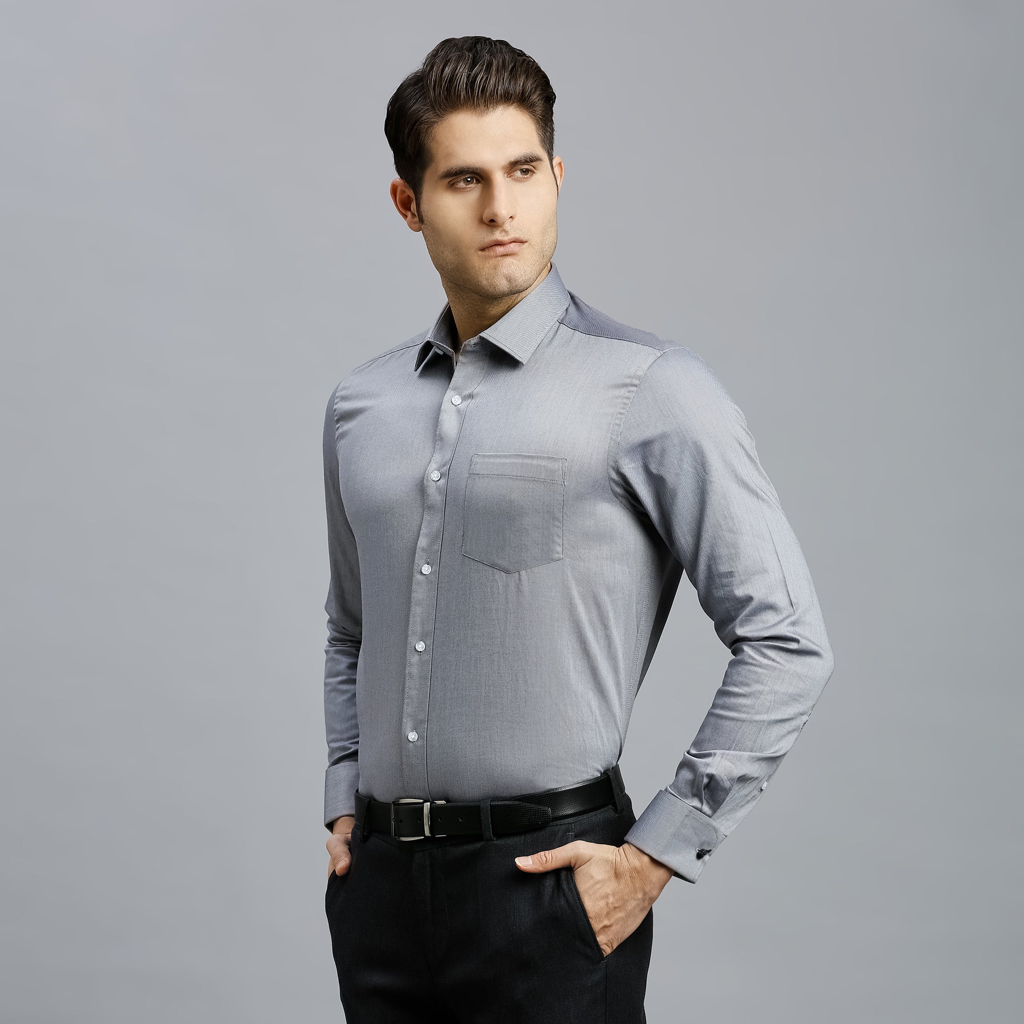 Grey Dobby Y/D 100% Cotton Regular Fit Formal Full Sleeve Shirts