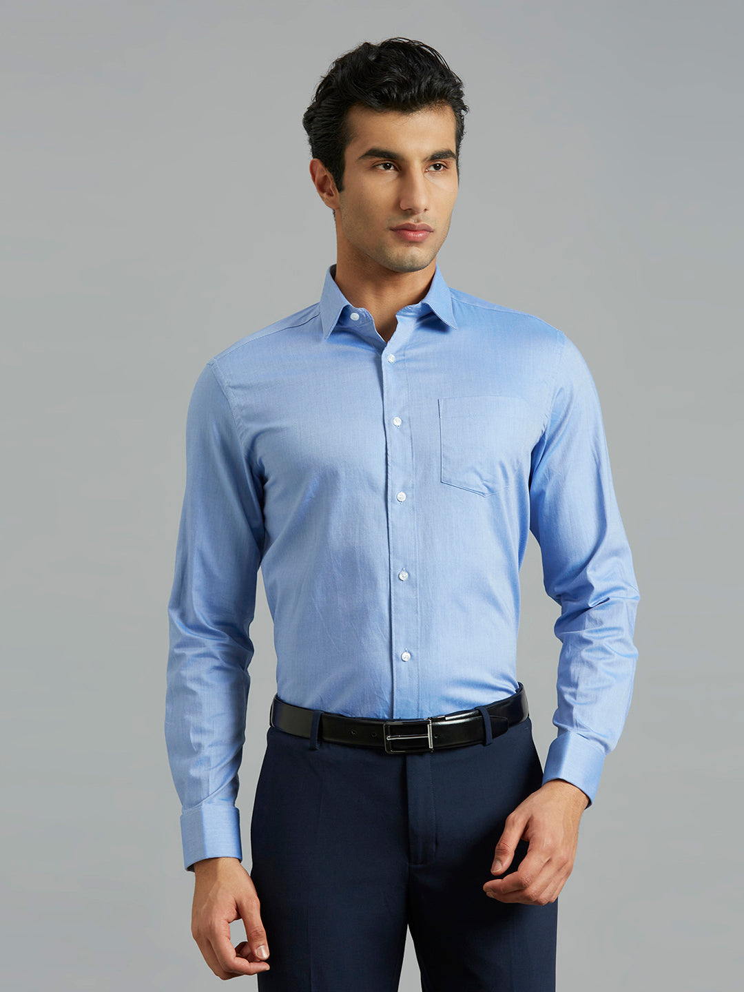 Mid Blue Dobby Y/D 100% Cotton Regular Fit Formal Full Sleeve Shirt