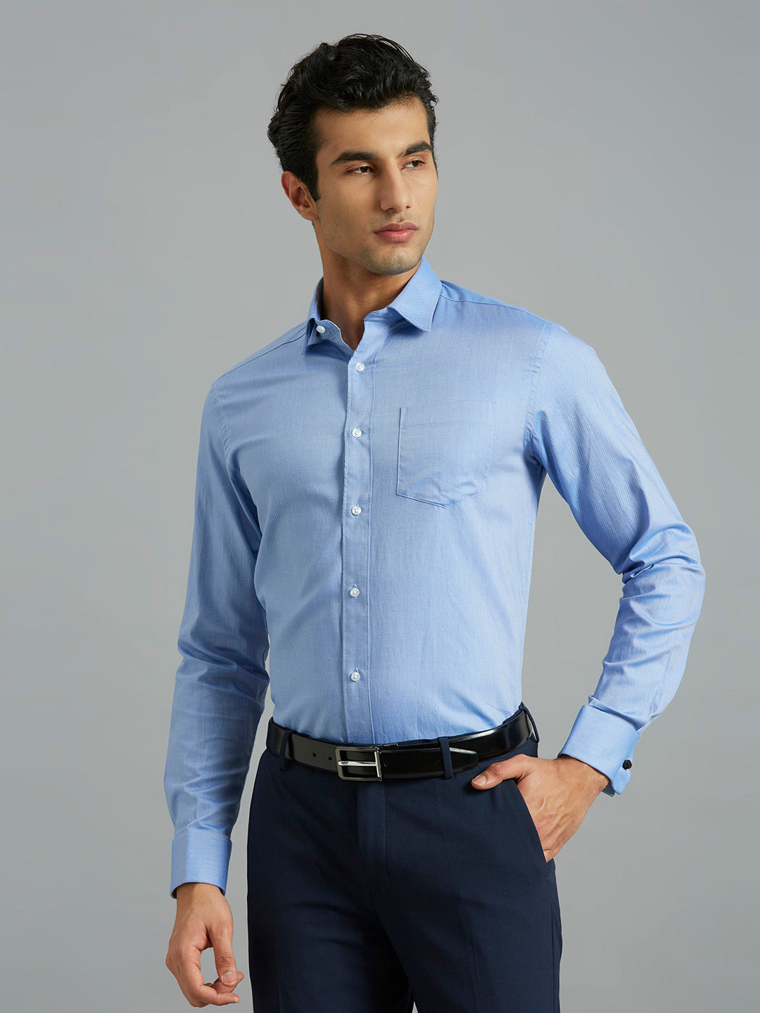 Mid Blue Dobby Y/D 100% Cotton Regular Fit Formal Full Sleeve Shirt