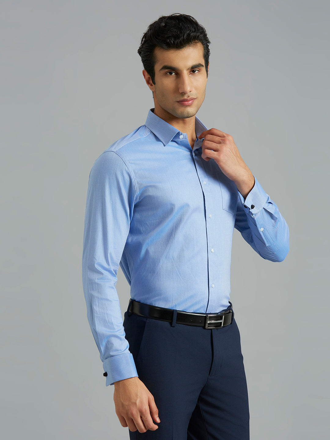 Mid Blue Dobby Y/D 100% Cotton Regular Fit Formal Full Sleeve Shirt