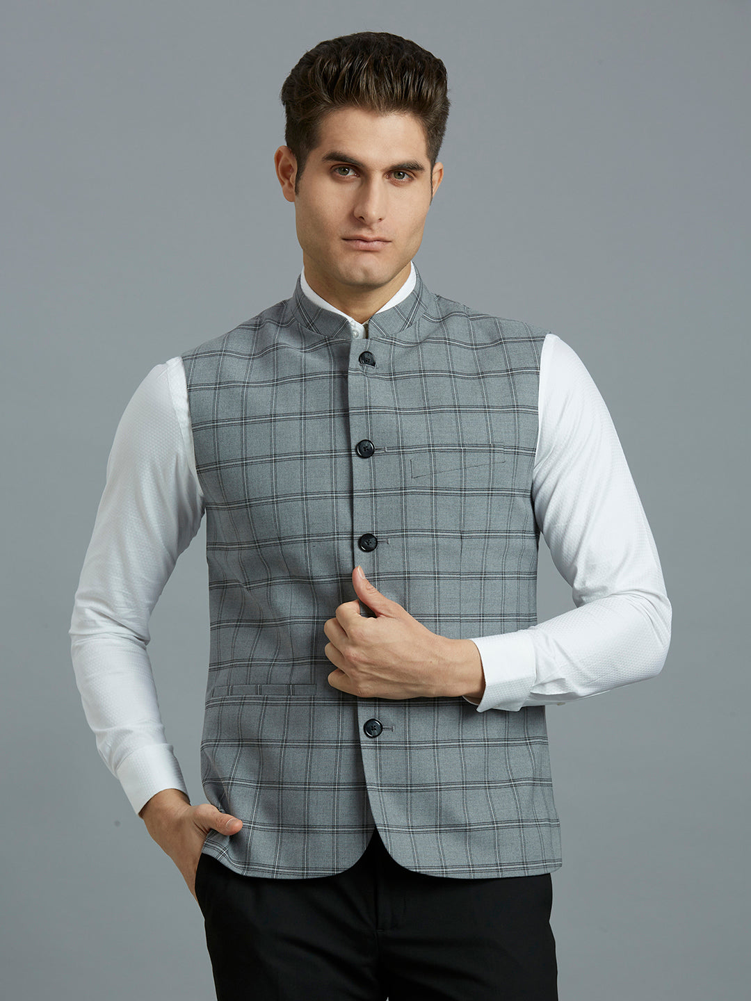 Grey Checks Poly Viscose Elastane Tailor Fit Formal S/Less Waistcoat