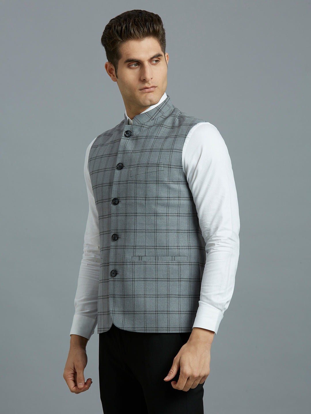 Grey Checks Poly Viscose Elastane Tailor Fit Formal S/Less Waistcoat