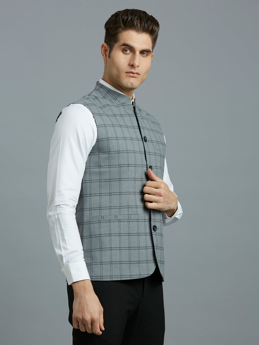 Grey Checks Poly Viscose Elastane Tailor Fit Formal S/Less Waistcoat