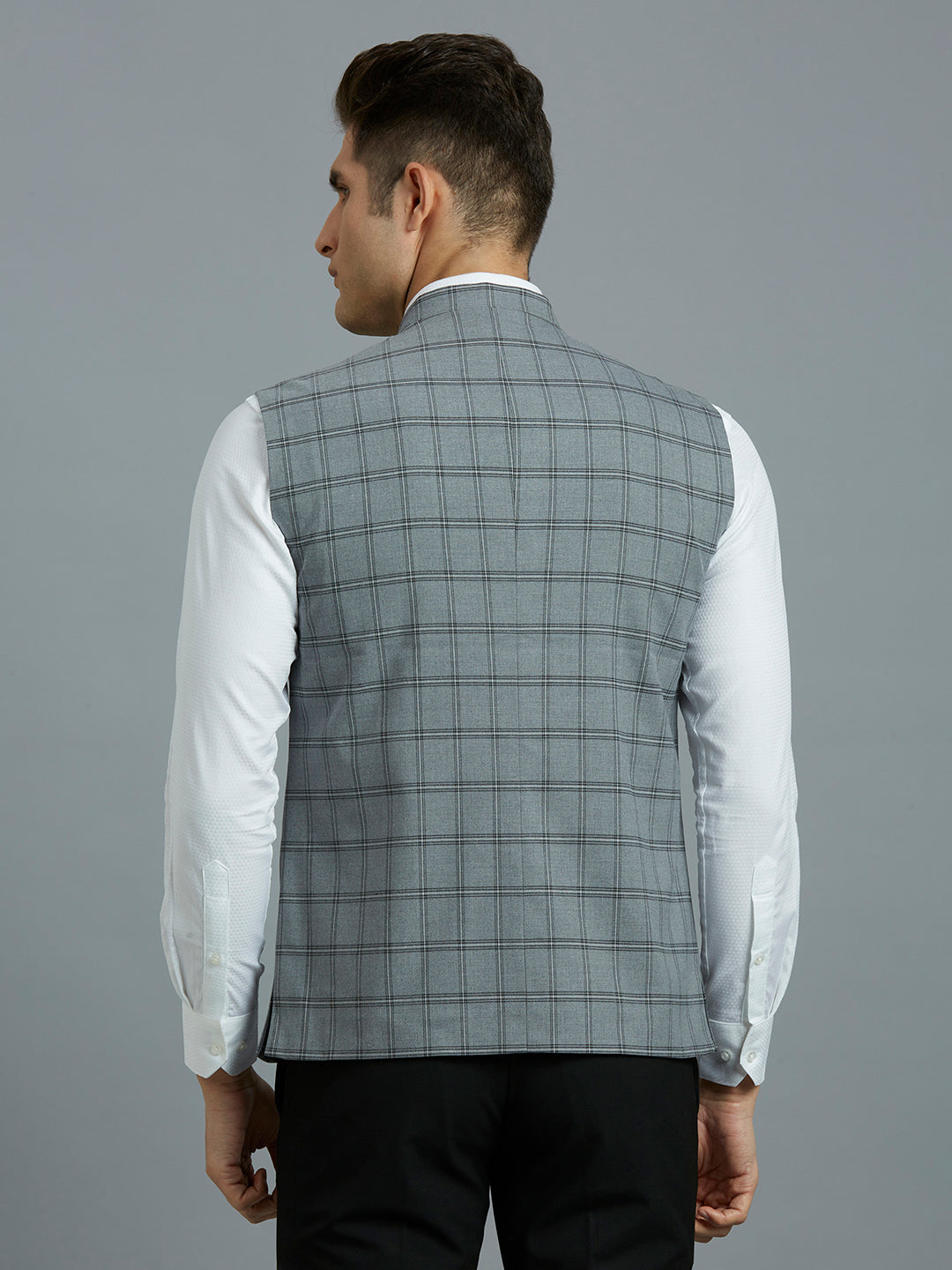 Grey Checks Poly Viscose Elastane Tailor Fit Formal S/Less Waistcoat