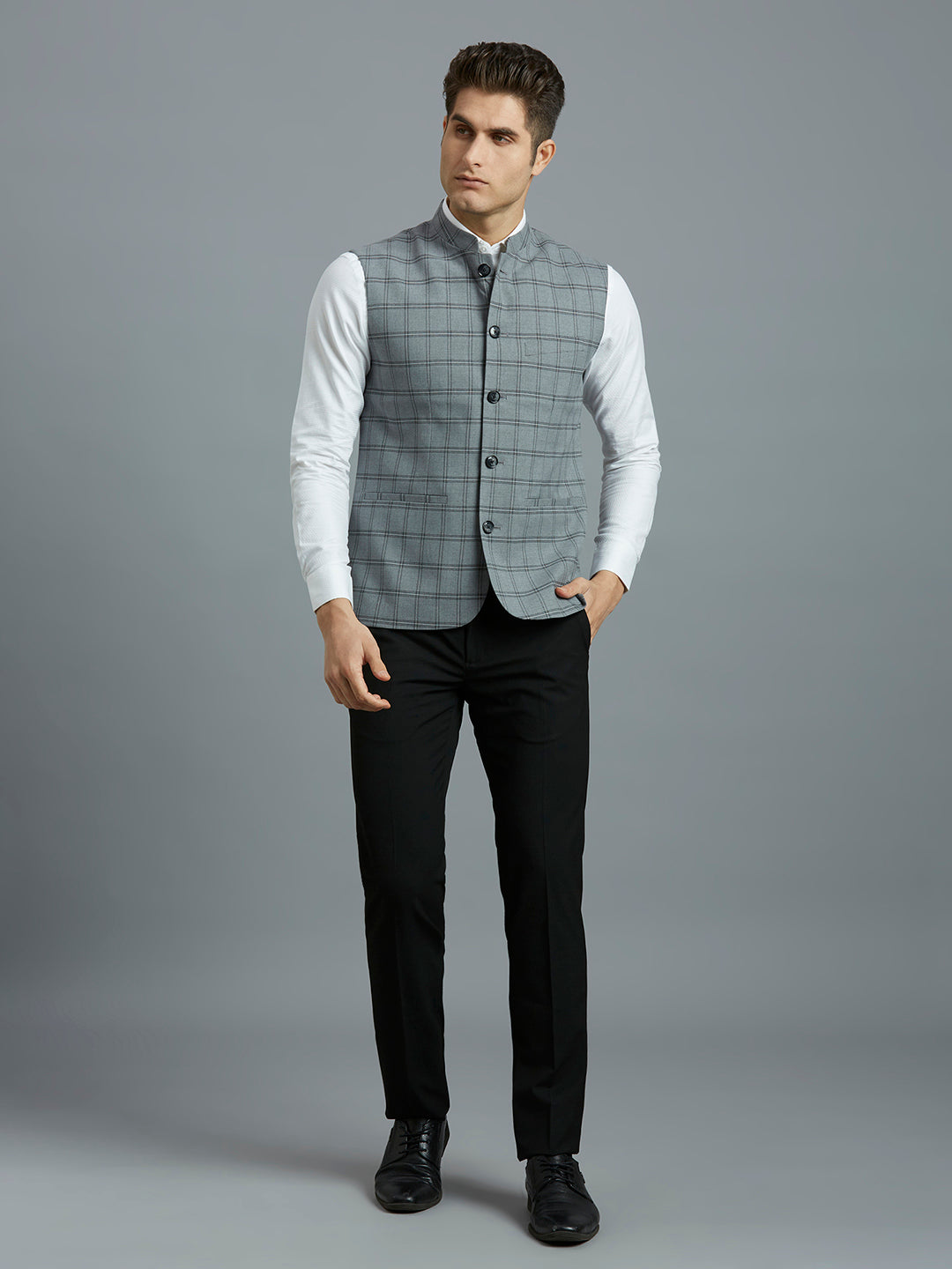 Grey Checks Poly Viscose Elastane Tailor Fit Formal S/Less Waistcoat