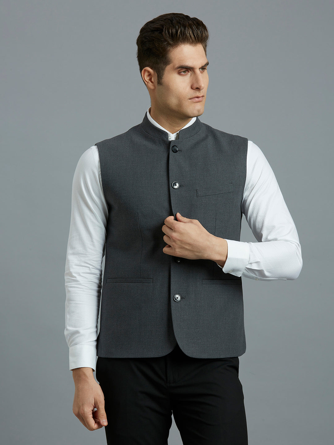 Charcoal Plain Poly Viscose Elastane Tailor Fit Formal S/Less Waistcoat