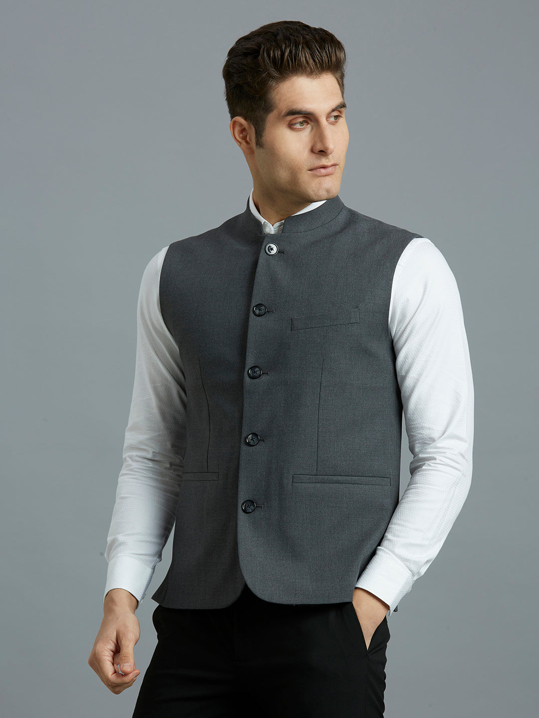 Charcoal Plain Poly Viscose Elastane Tailor Fit Formal S/Less Waistcoat