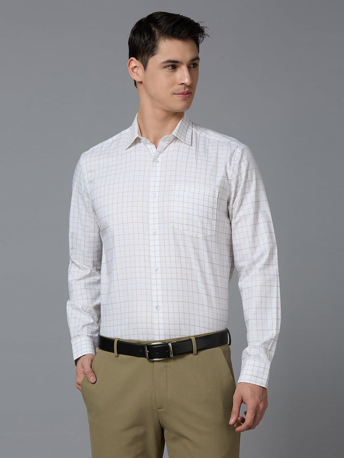 Men's Pure Cotton Checks Regular Fit Full Sleeve Formal Shirt - White & Brown