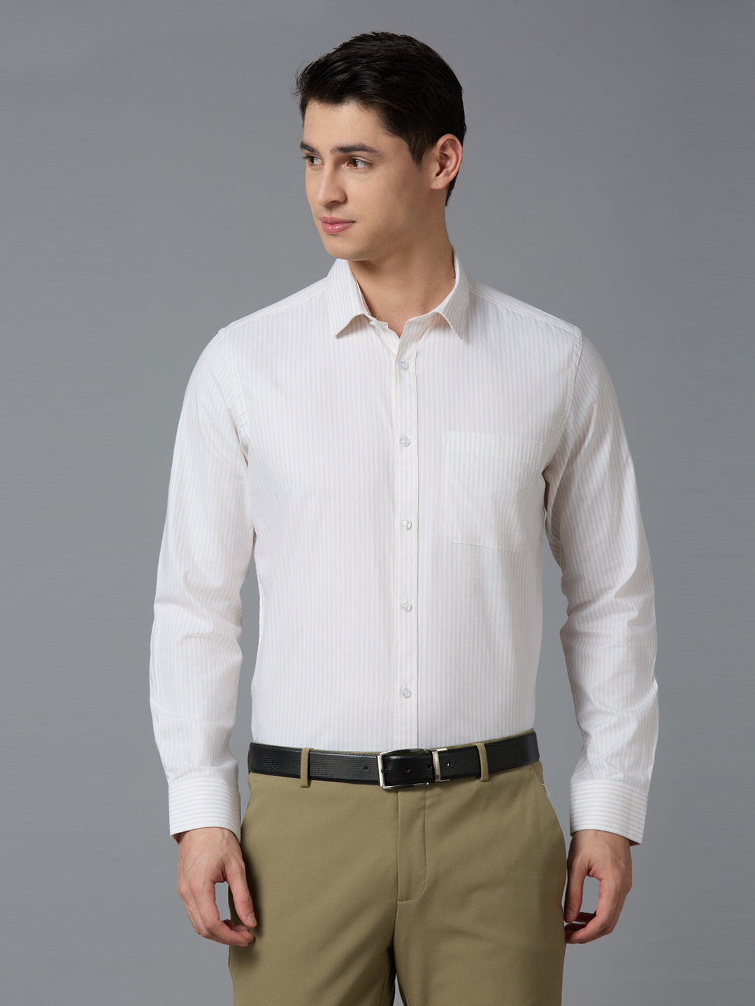 White Beige 100% Cotton Striped Slim fit Formal Full Sleeve Shirts