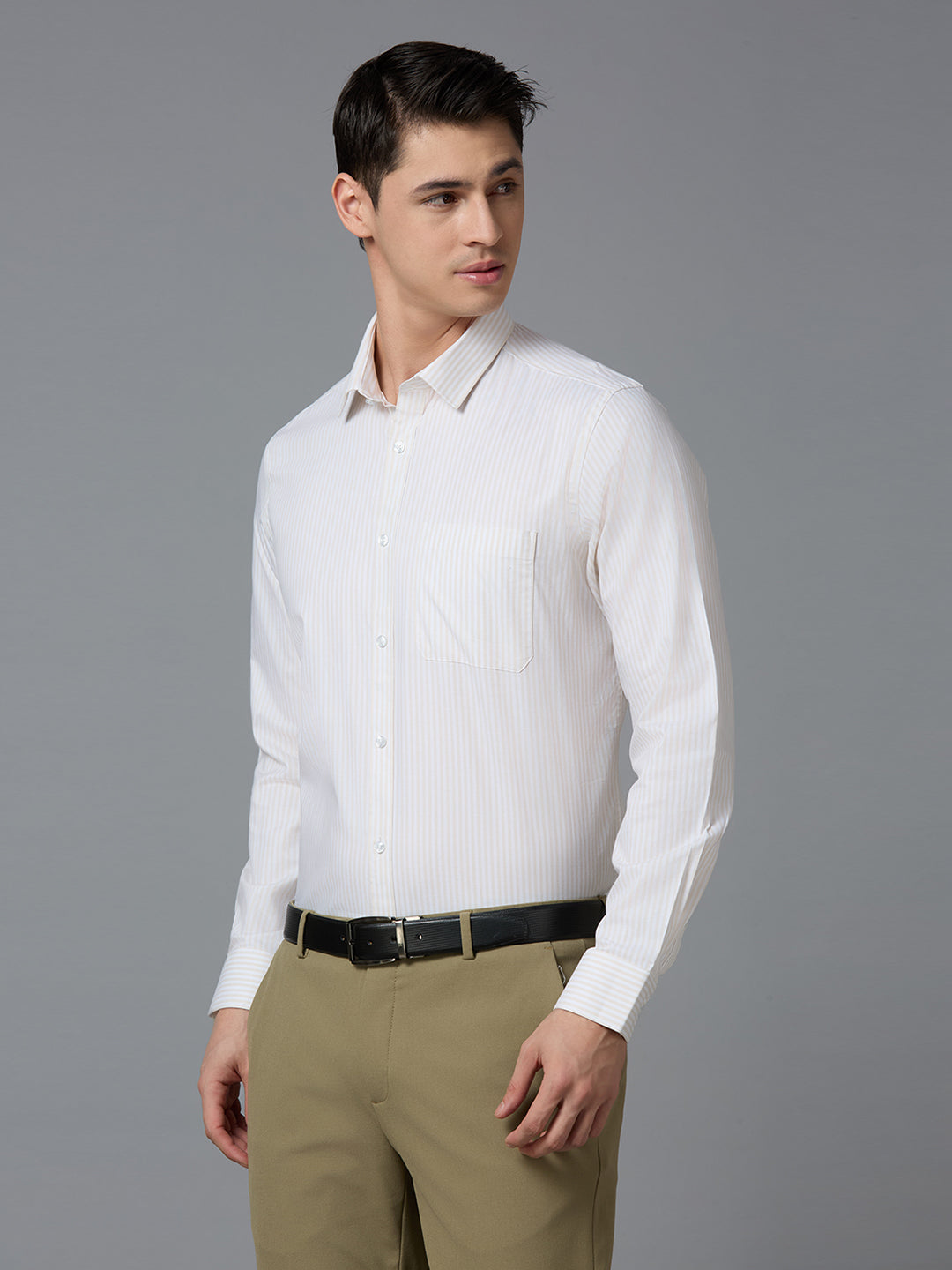 White Beige 100% Cotton Striped Slim fit Formal Full Sleeve Shirts