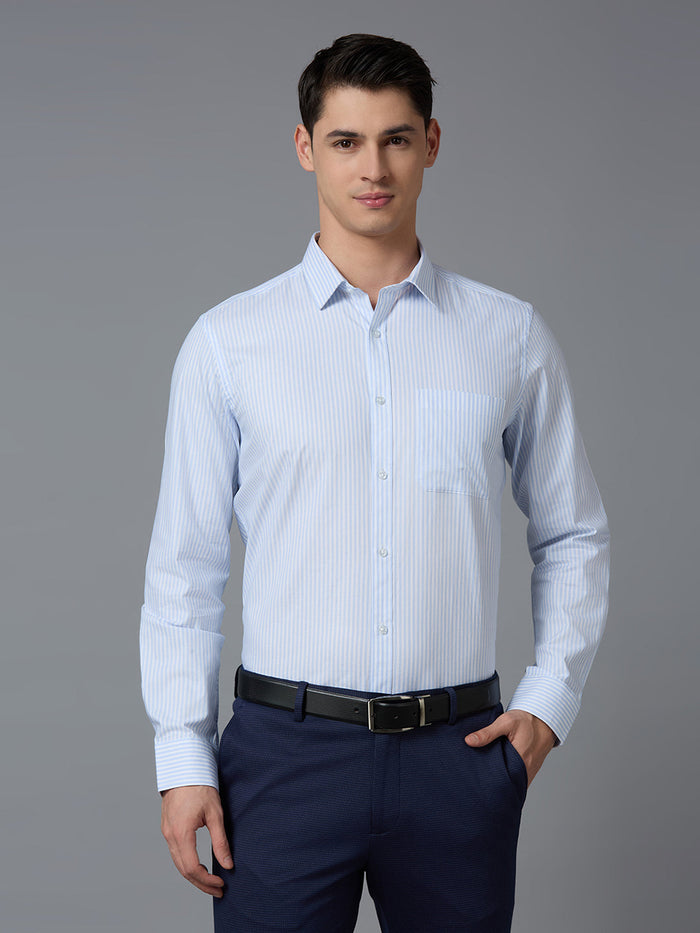 Men's Pure Cotton Stripe Stripe Slim Fit Full Sleeve Formal Shirt - White & Blue