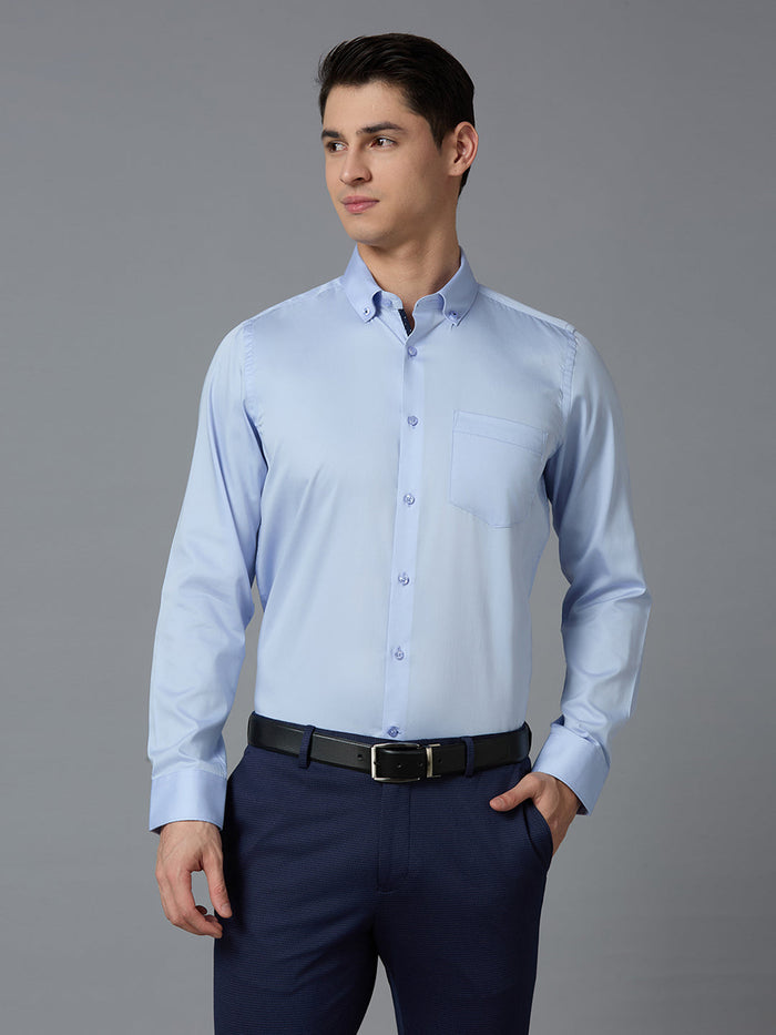 Men's Pure Cotton Plain Slim Fit Full Sleeve Formal Shirt - Blue