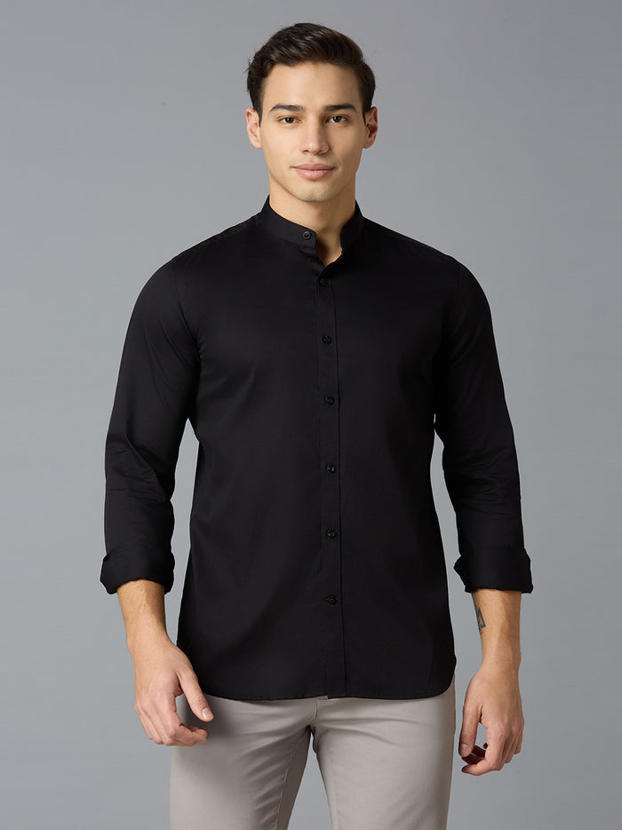 Men's Pure Cotton Plain Slim Fit Full Sleeve Formal Shirt - Black