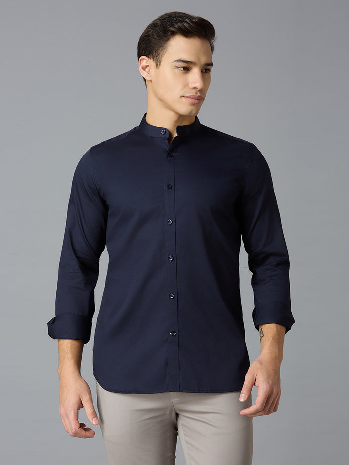 Men's Pure Cotton Plain Slim Fit Full Sleeve Formal Shirt - Blue