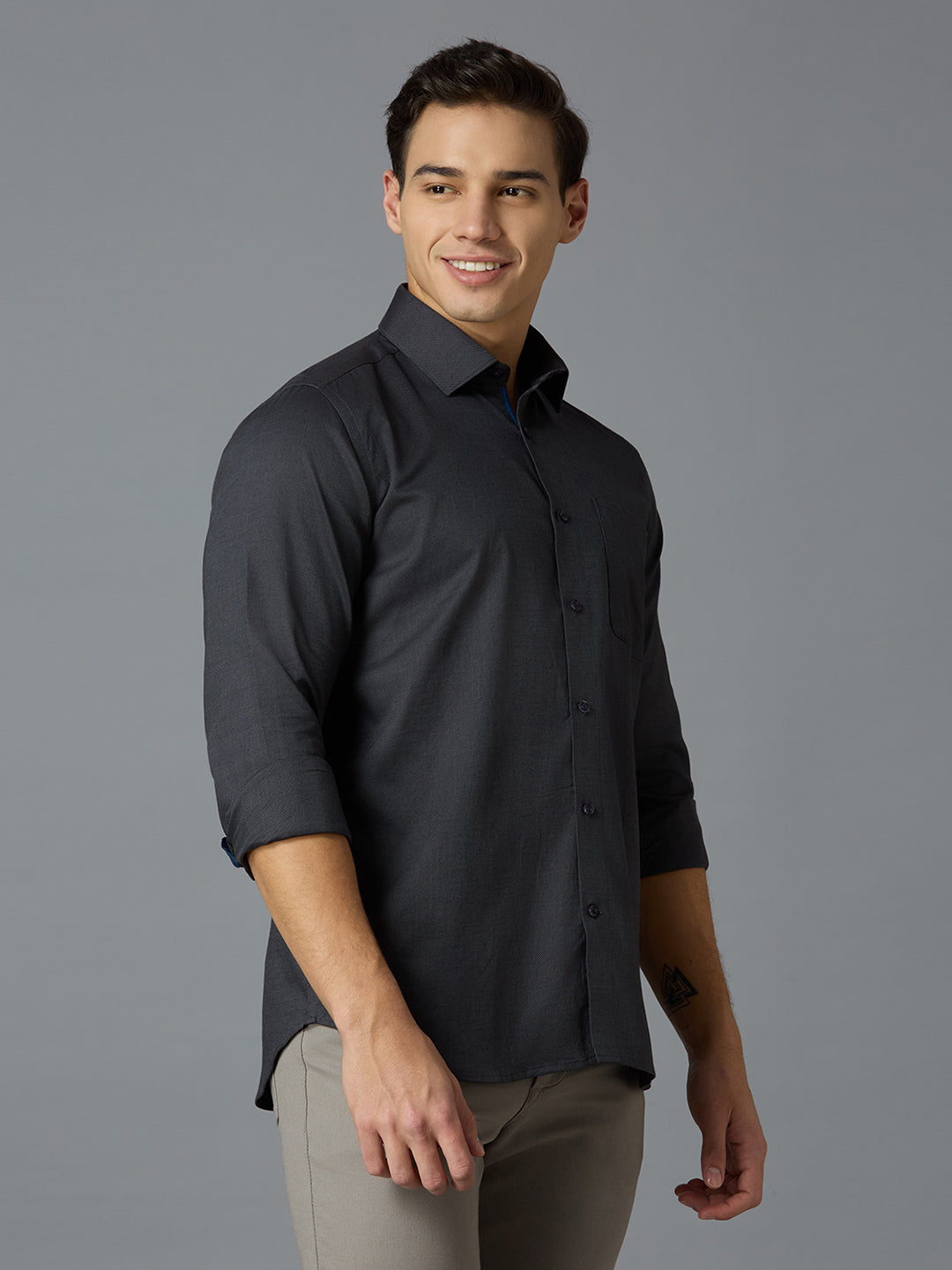 Grey 100% Cotton Dobby Y/D Slim Fit Party Full Sleeves Shirts