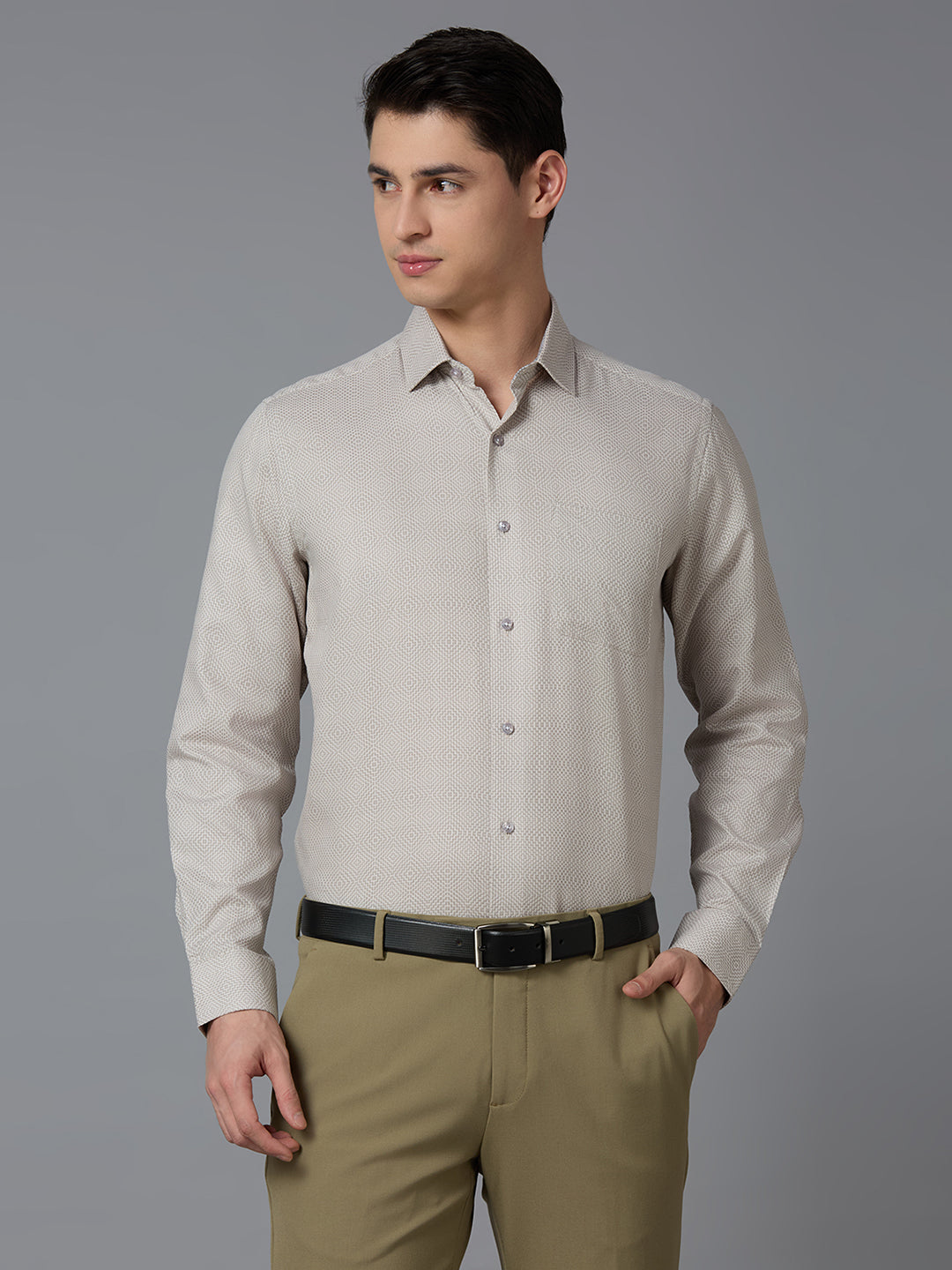 Beige 100% Cotton Plain Regular Fit Formal Full Sleeve Shirts