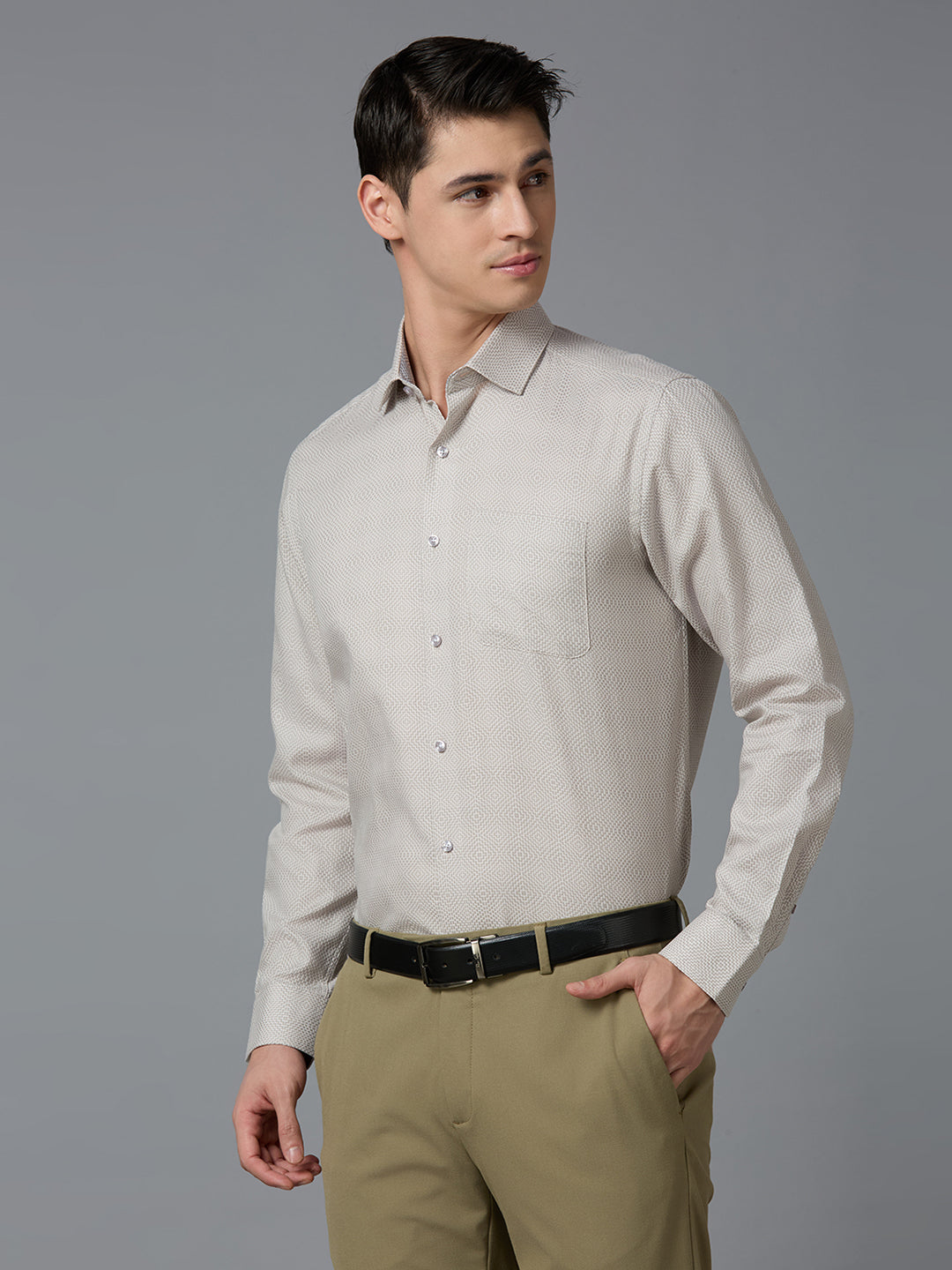 Beige 100% Cotton Plain Regular Fit Formal Full Sleeve Shirts