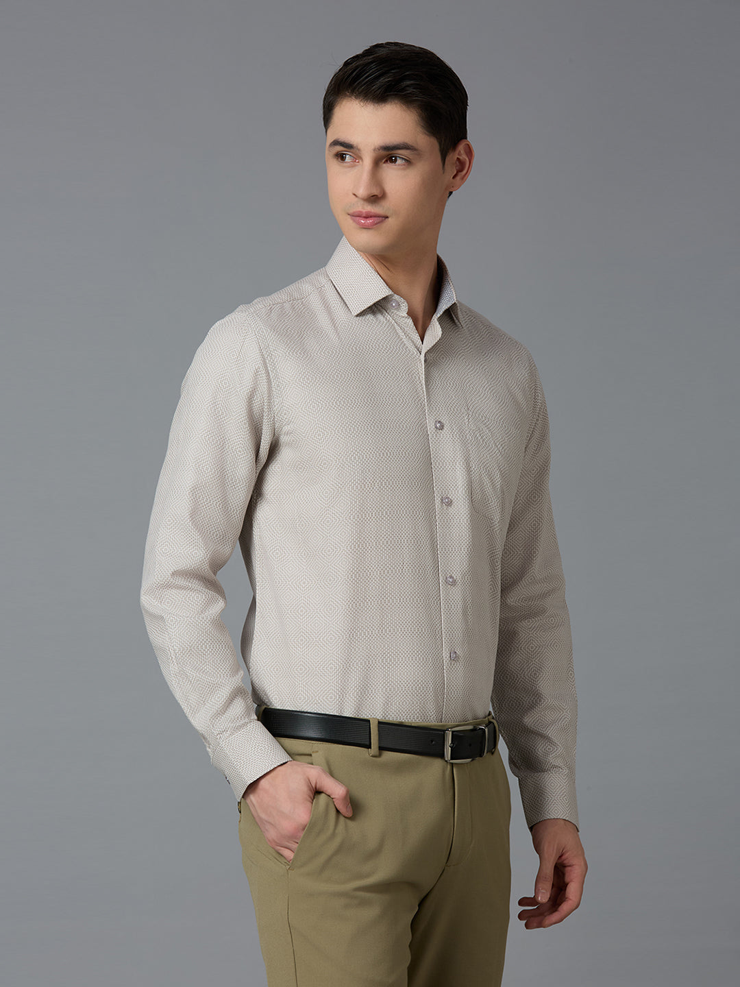 Beige 100% Cotton Plain Regular Fit Formal Full Sleeve Shirts