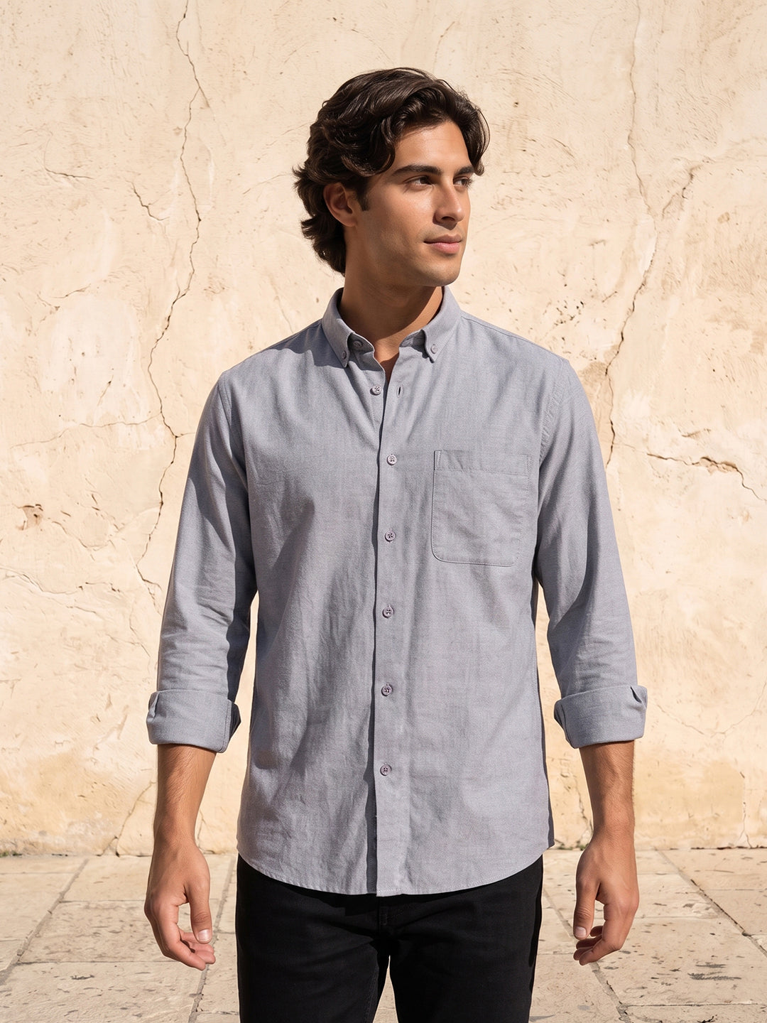 Men's Pure Cotton Oxford Regular Fit Full Sleeve Casual Shirt - Black