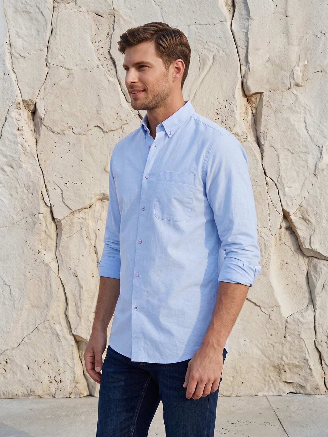 Men's Pure Cotton Oxford Regular Fit Full Sleeve Casual Shirt - Blue