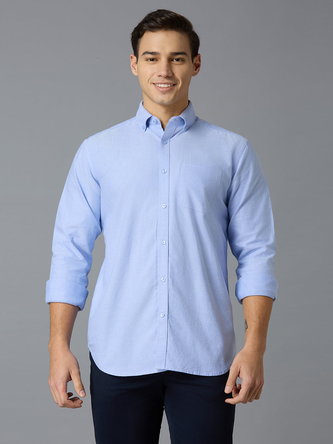 Sky Blue 100% Cotton Self Design Regular Fit Smart Casual Full Sleeve Shirts